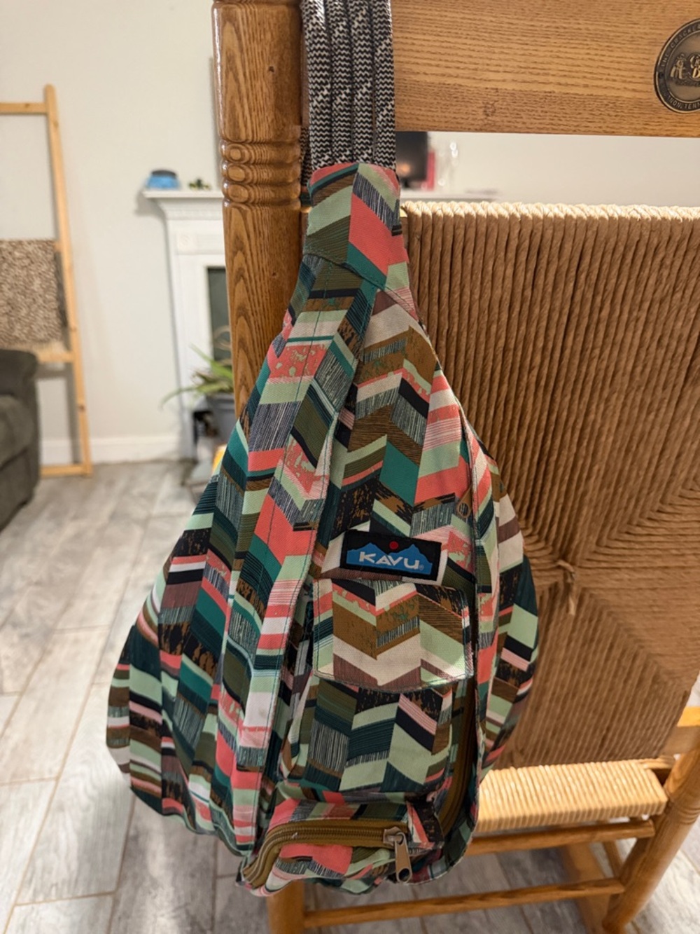 Kavu Multicolor Chevron Sling Bag with Teal, Coral & Olive Accents